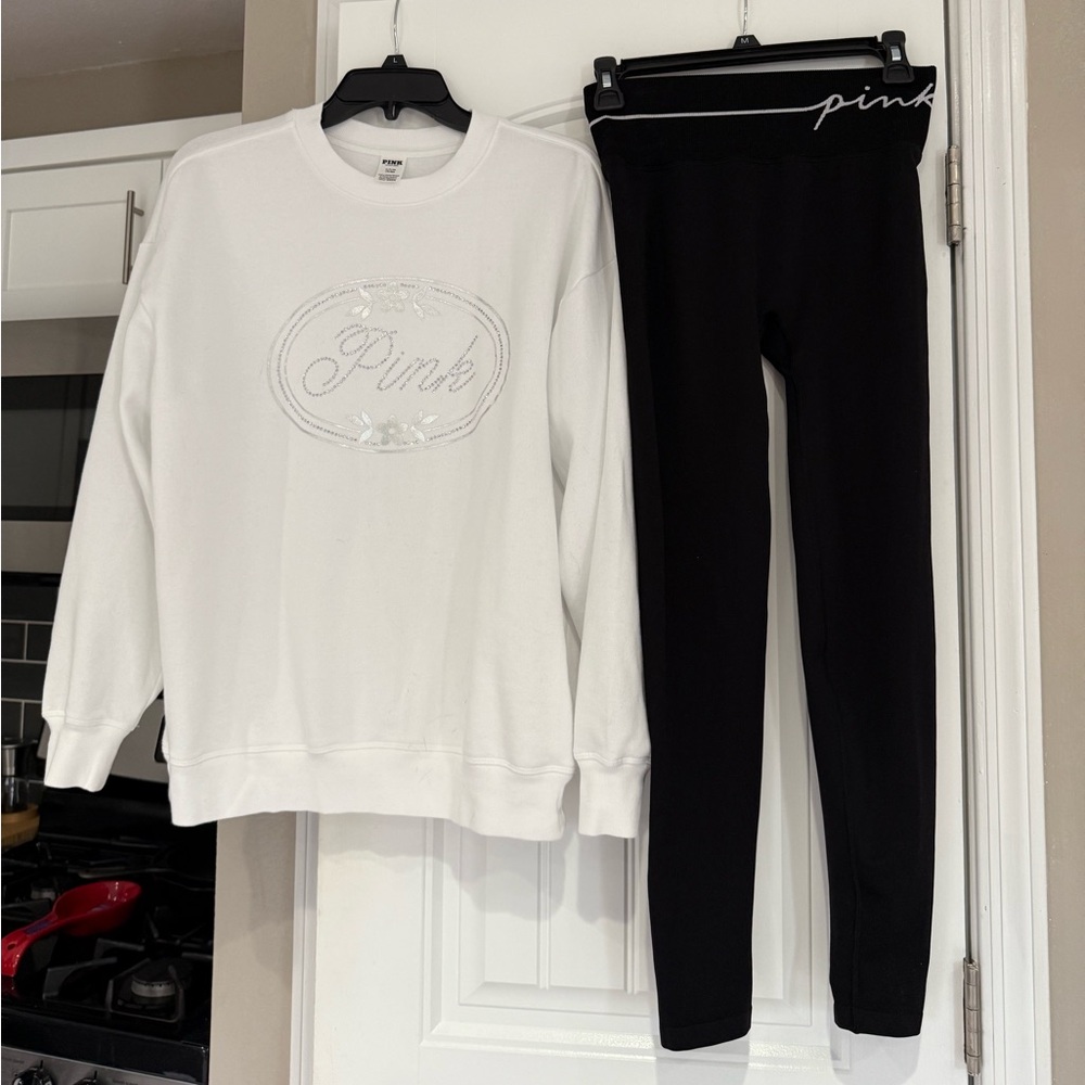 NWOT PINK White CREWNECK Sweatshirt and Black Leggings Set